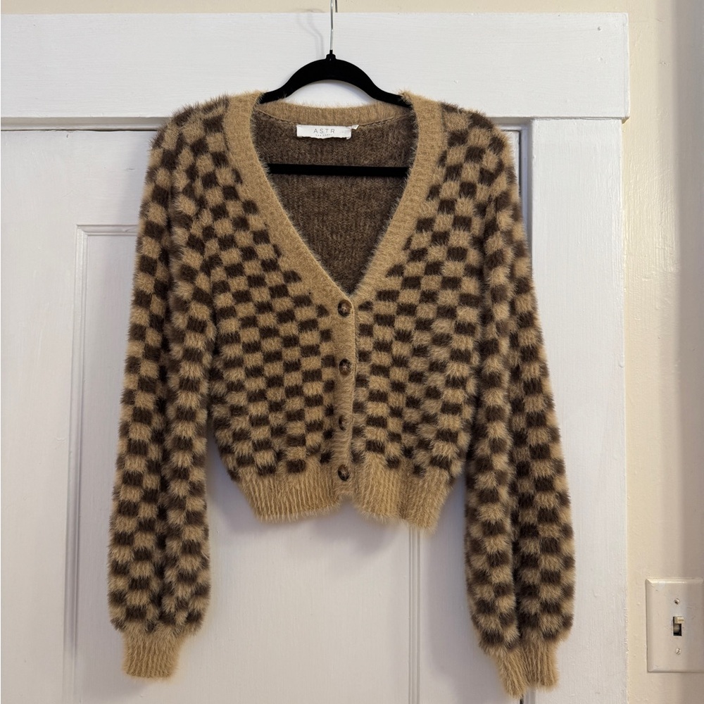 ASTR Checkered Cardigan in Brown and Tan